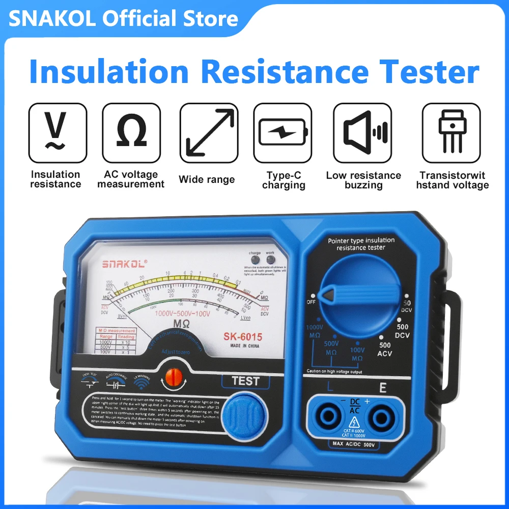 SNAKOL SK-6015 Pointer Type Insulation Resistance Tester Analog Megohmmeter Voltmeter 100-500-1000V Ground Resistance Meter
